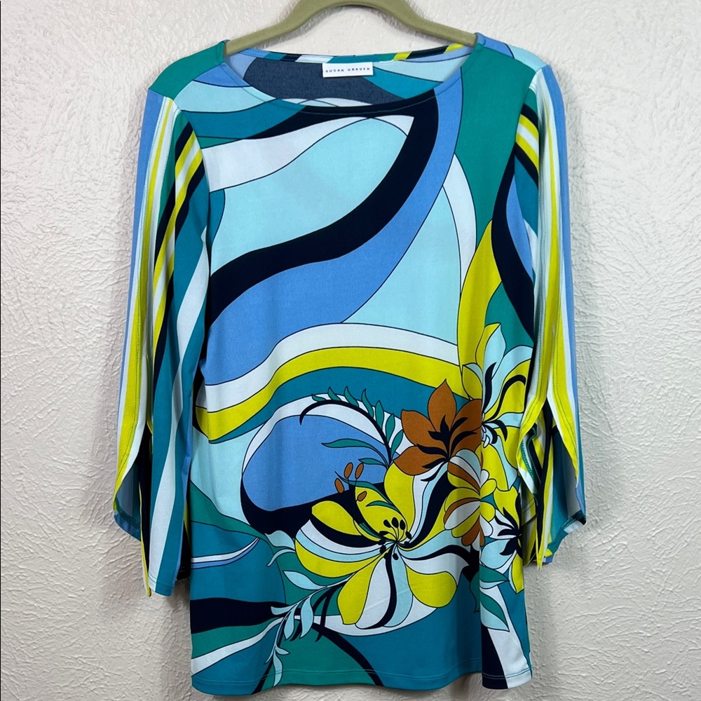 Susan Graver Liquid Knit 3/4 Tie Sleeve Floral Colorful Print Scoop Neck Top